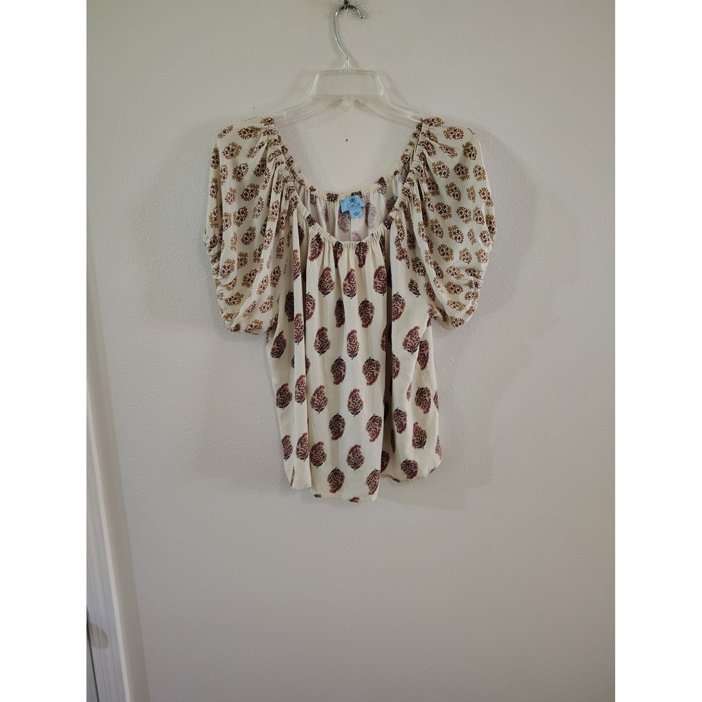 CeCe Women Cream Red Block Print Puff‎ Sleeve Scoop Neck Boho Blouse Large